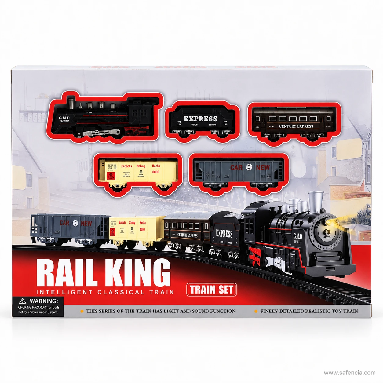 Retail box of the Rail King Classical train set showing each vehicle in its moulded tray above the printed artwork