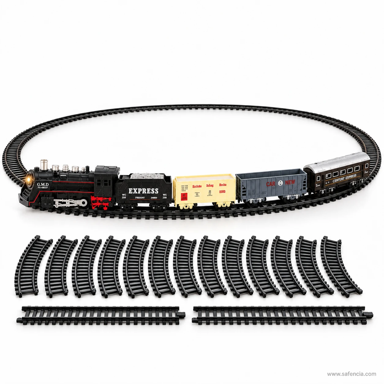 Assembled Rail King train on an oval with the remaining curved and straight track sections laid out below it