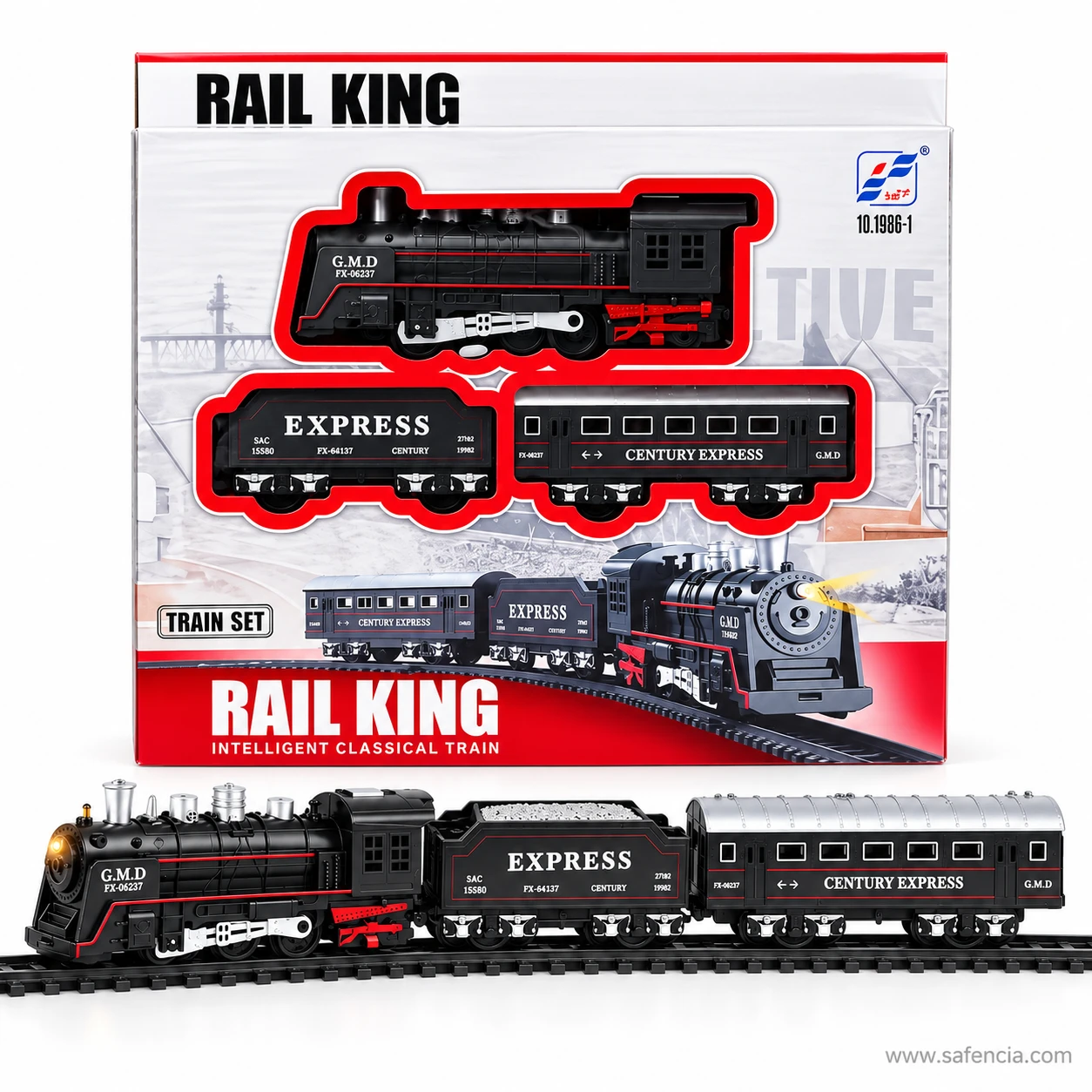Century Express passenger coach and coal tender coupled behind the Rail King steam engine on track