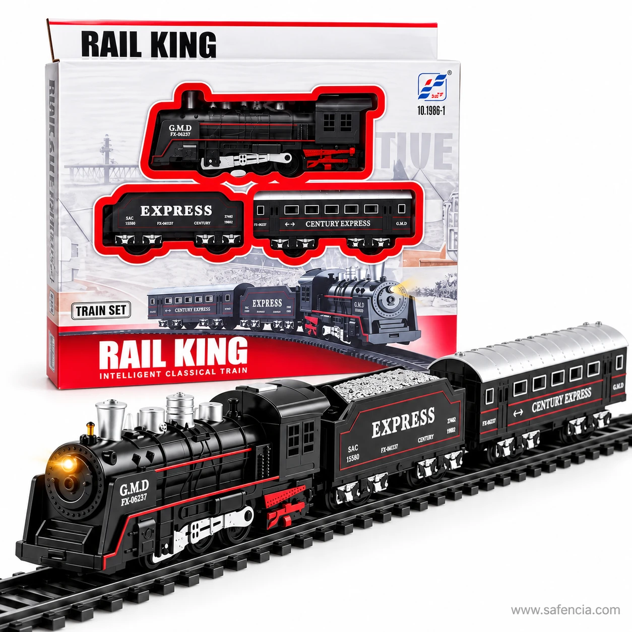 Rail King Junior steam engine running with its front lamp lit and red rods on the driving wheels