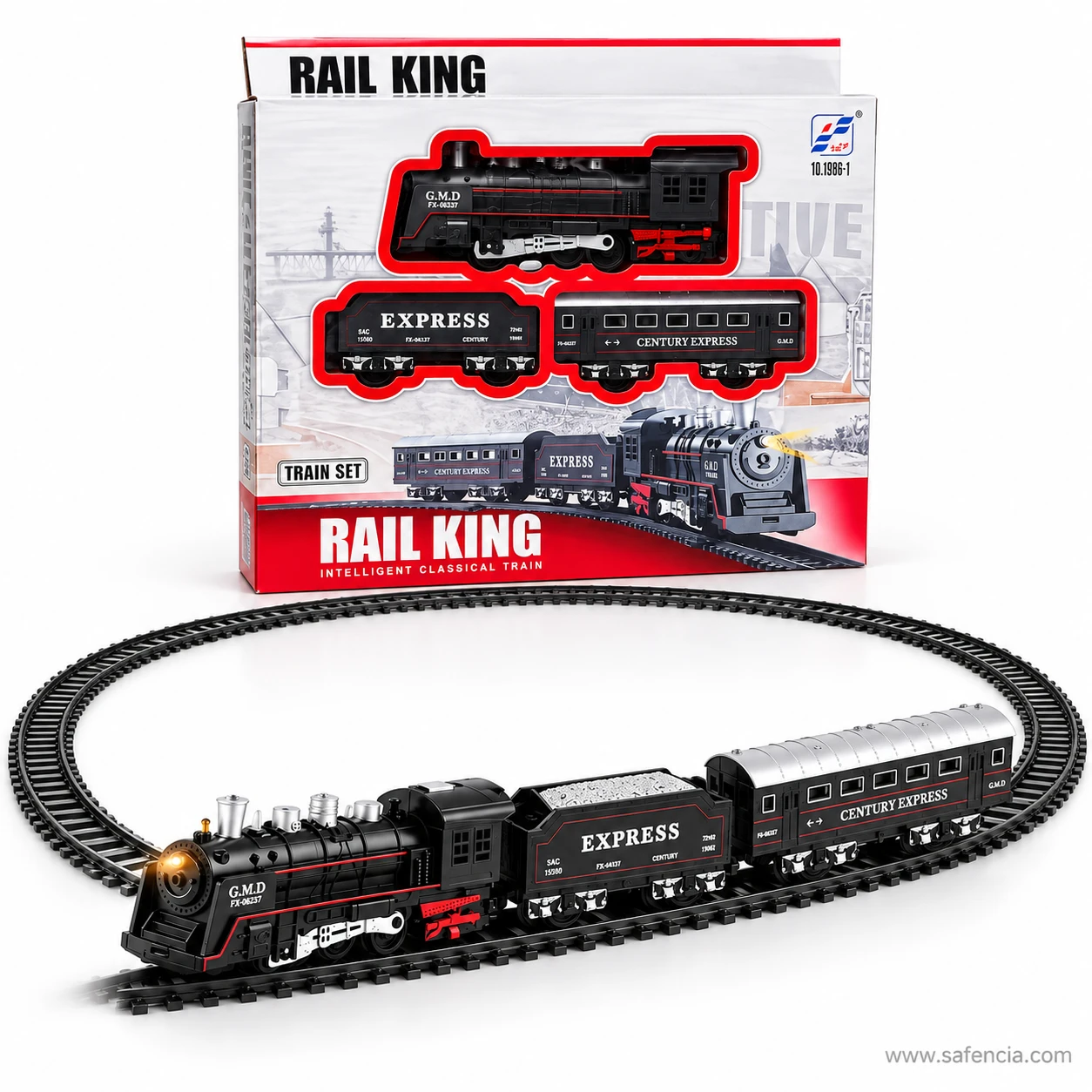 Rail King Junior train standing on its fully assembled oval loop of black track sections