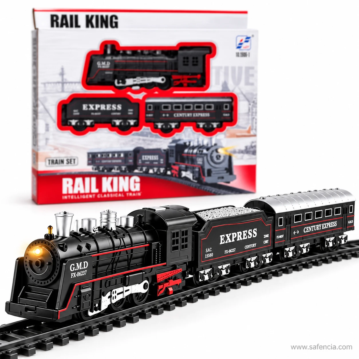 Full three-piece Rail King Junior rake on a straight section of track in front of the retail box