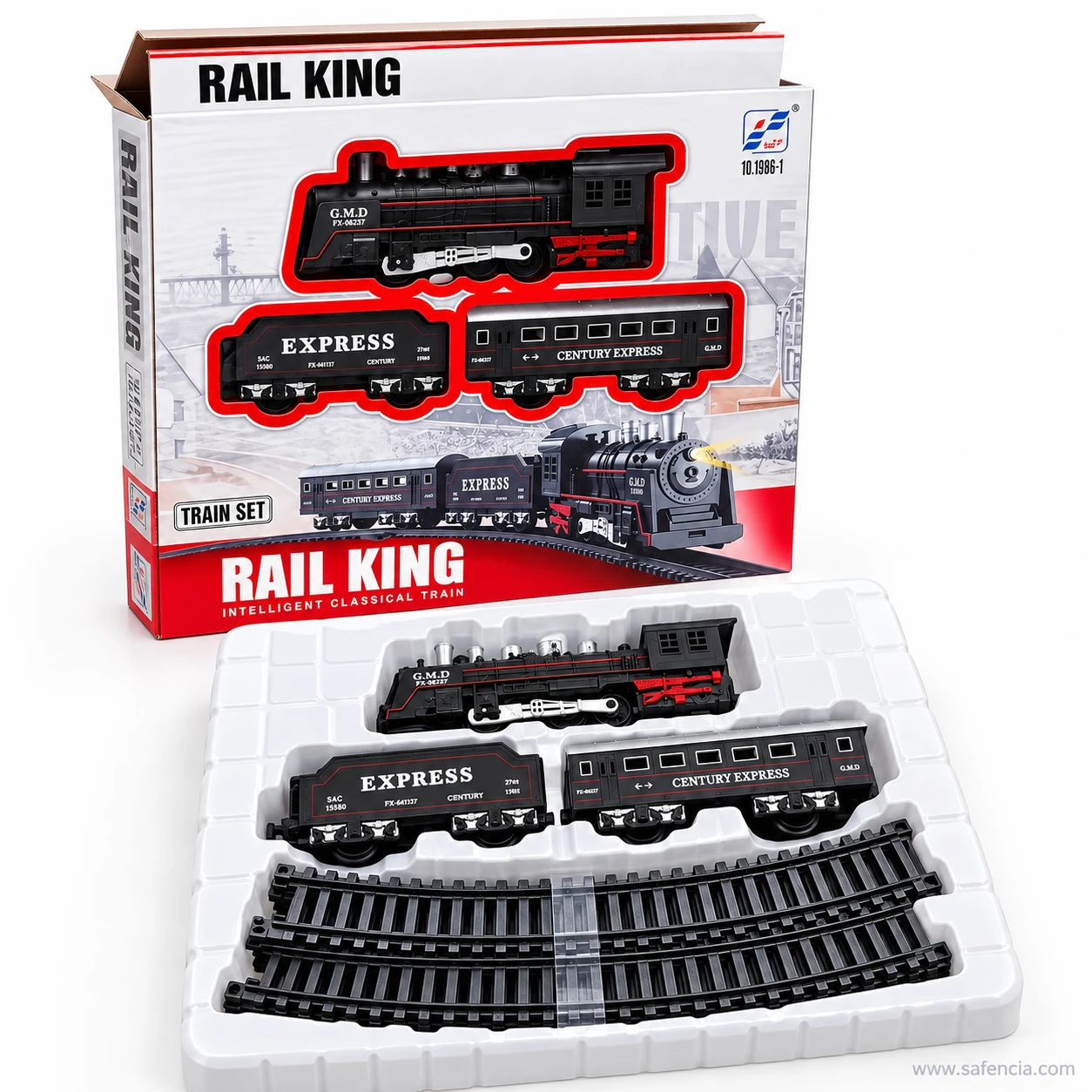 Rail King Junior train set sitting in its white moulded packaging tray with the track sections below the vehicles