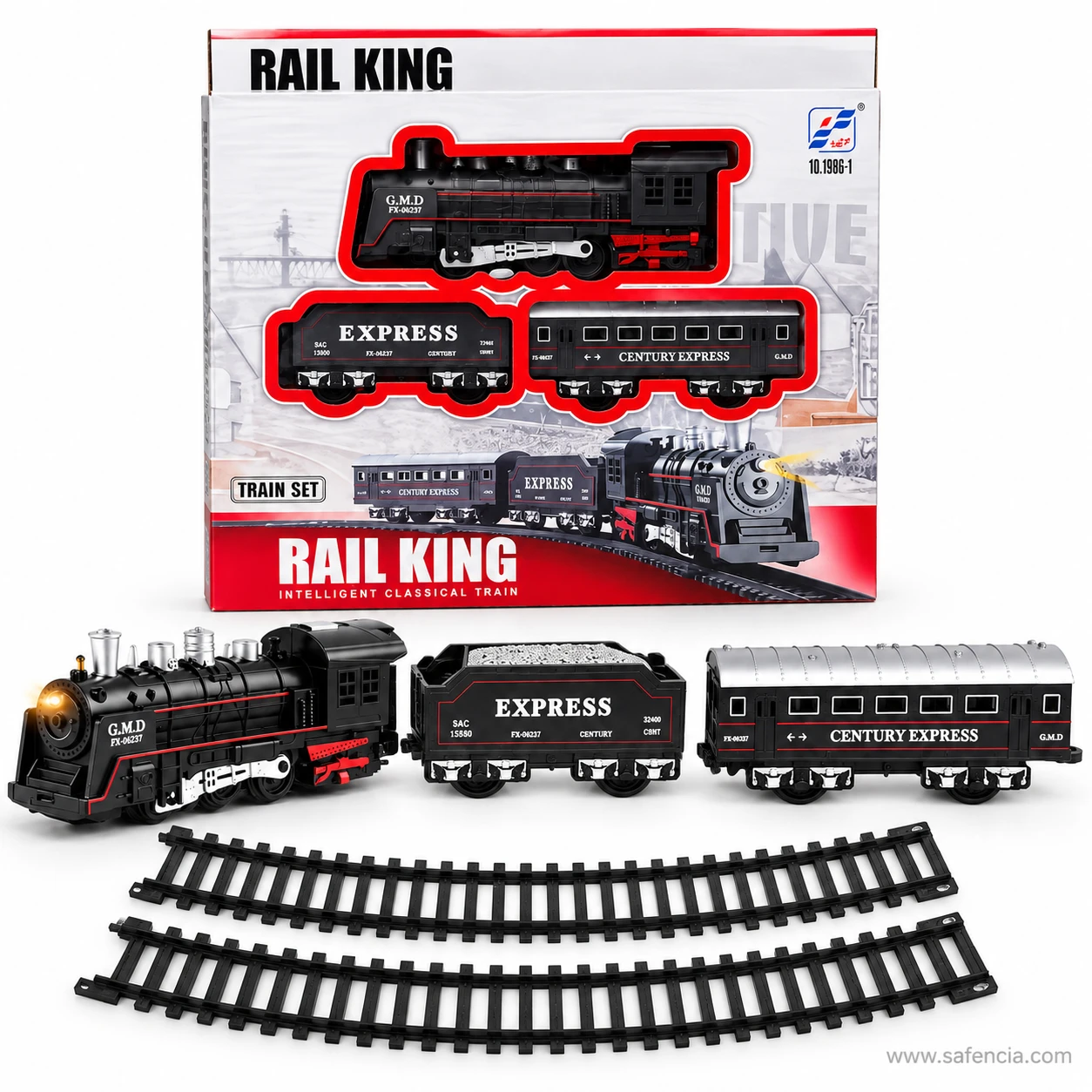 Rail King Junior engine, tender and coach separated beside two curved sections of the black plastic track
