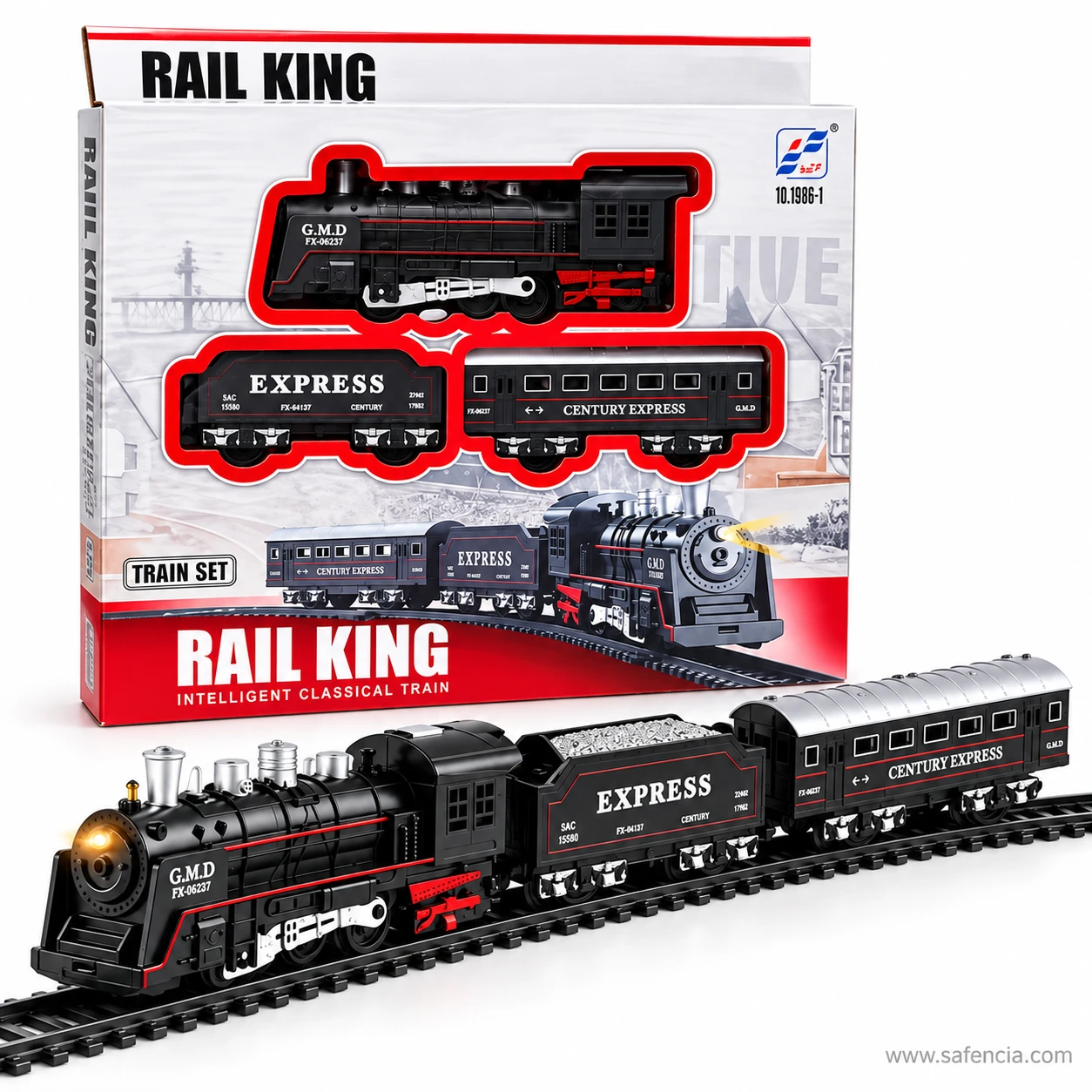 Retail box of the Rail King Intelligent Classical Train Junior set with the train standing in front of it