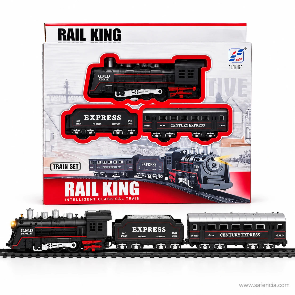Side view of the Rail King Junior train showing the black bodywork and red trim across engine, tender and coach