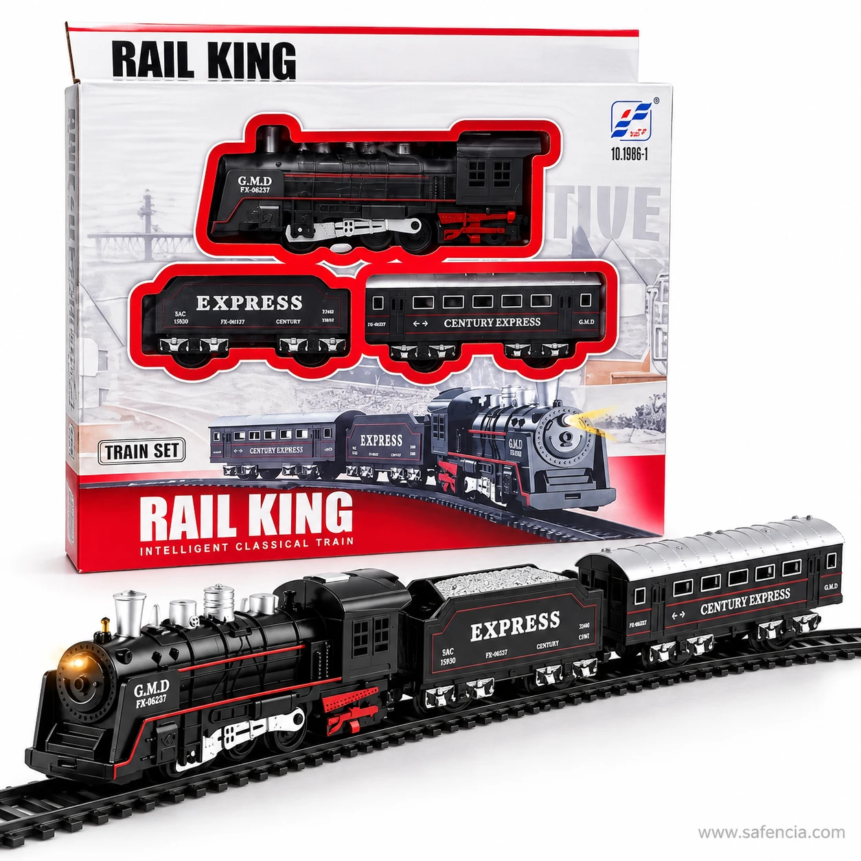 Rail King Junior train running on track with its printed retail box standing directly behind the rake