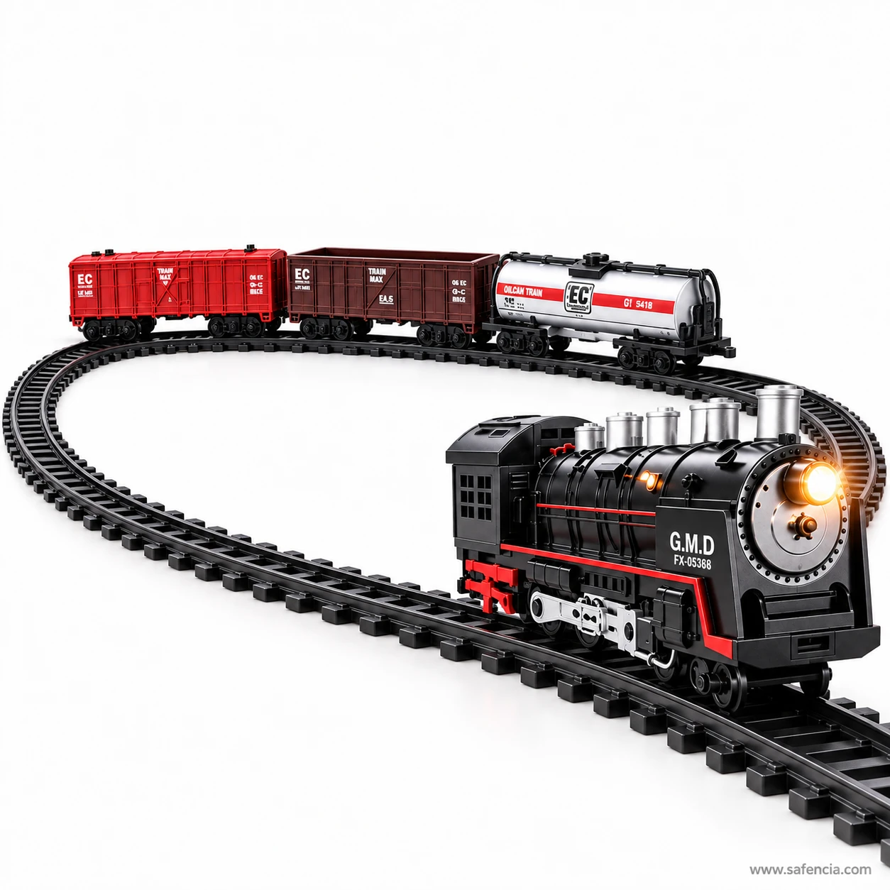 Rail King freight train running on its assembled oval track with the tanker and gondola behind the locomotive