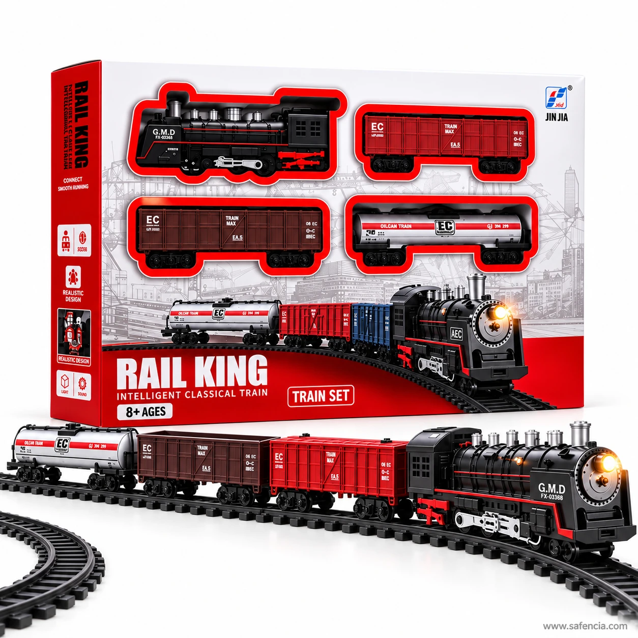 Rail King freight train mid-run on its track with the box behind, headlamp lit and tanker at the rear