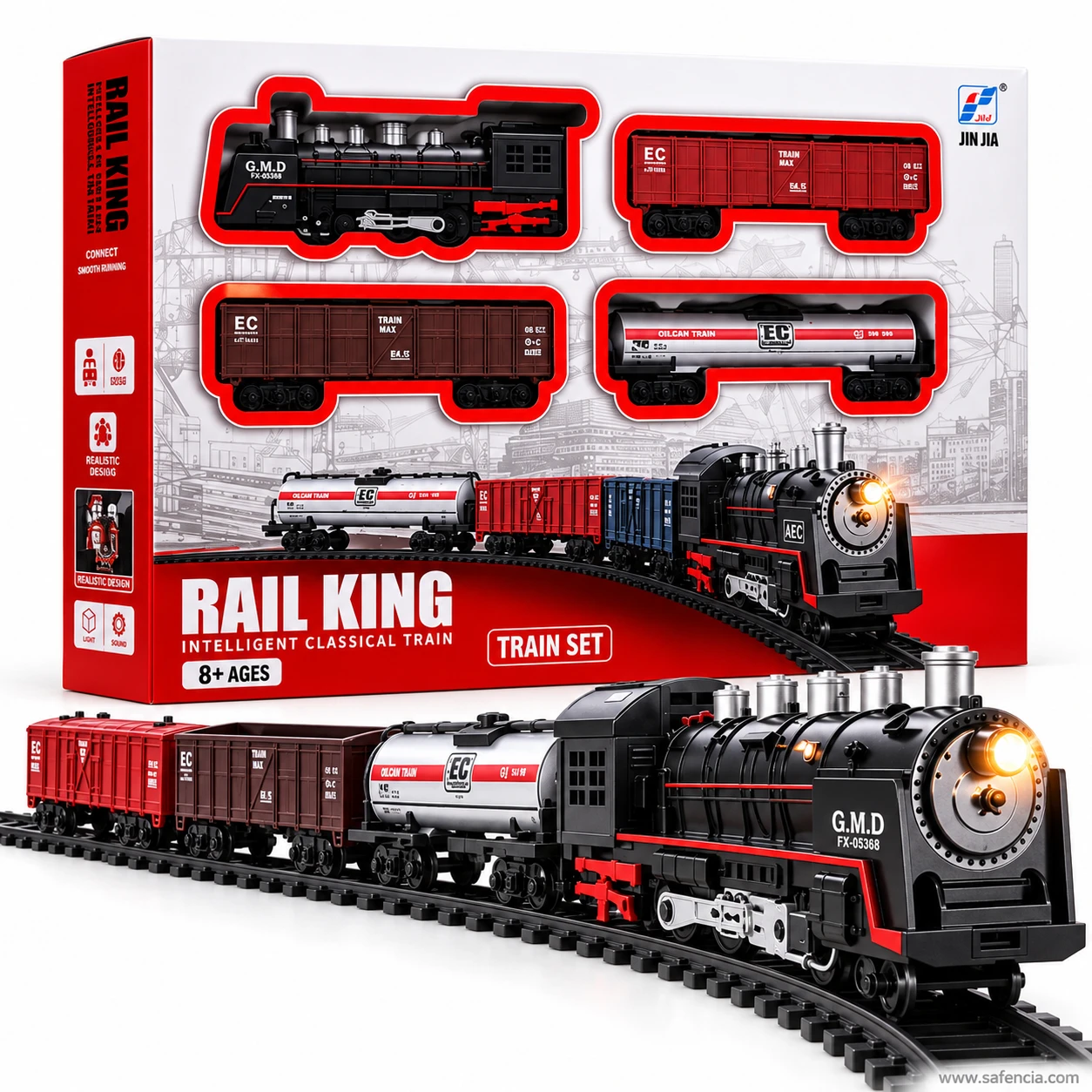 Rail King Intelligent Classical Train box standing behind the assembled black freight train on its track
