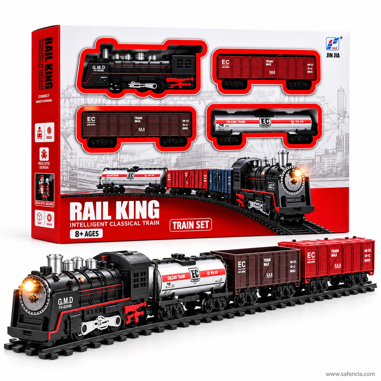 The three Rail King freight wagons coupled in a line: an open gondola, a brown boxcar and a silver oil tanker