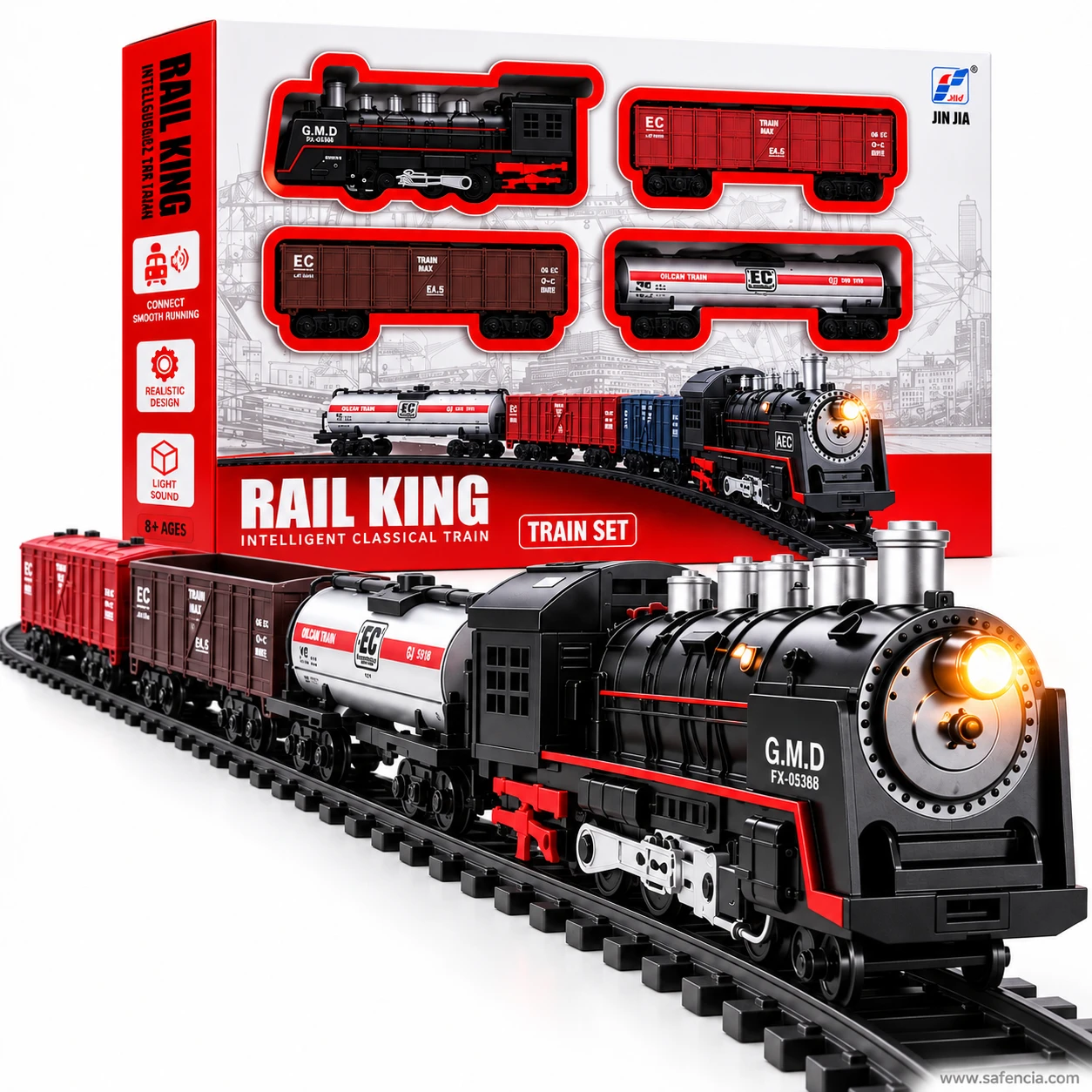 Close view of the black Rail King steam locomotive with its headlamp lit and red connecting rods on the driving wheels