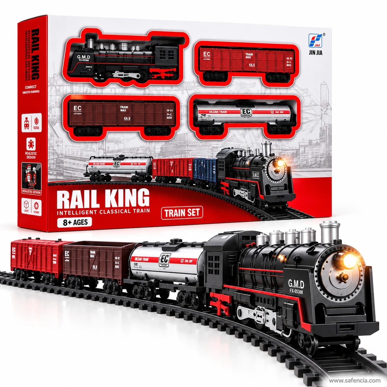 Rail King train box beside the assembled freight train showing the same engine and wagons pictured on the packaging