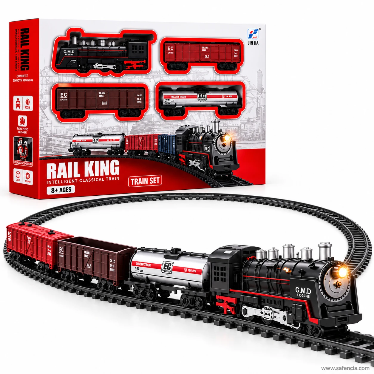 Rail King freight train sitting on a closed loop of curved track sections pushed together on a white floor