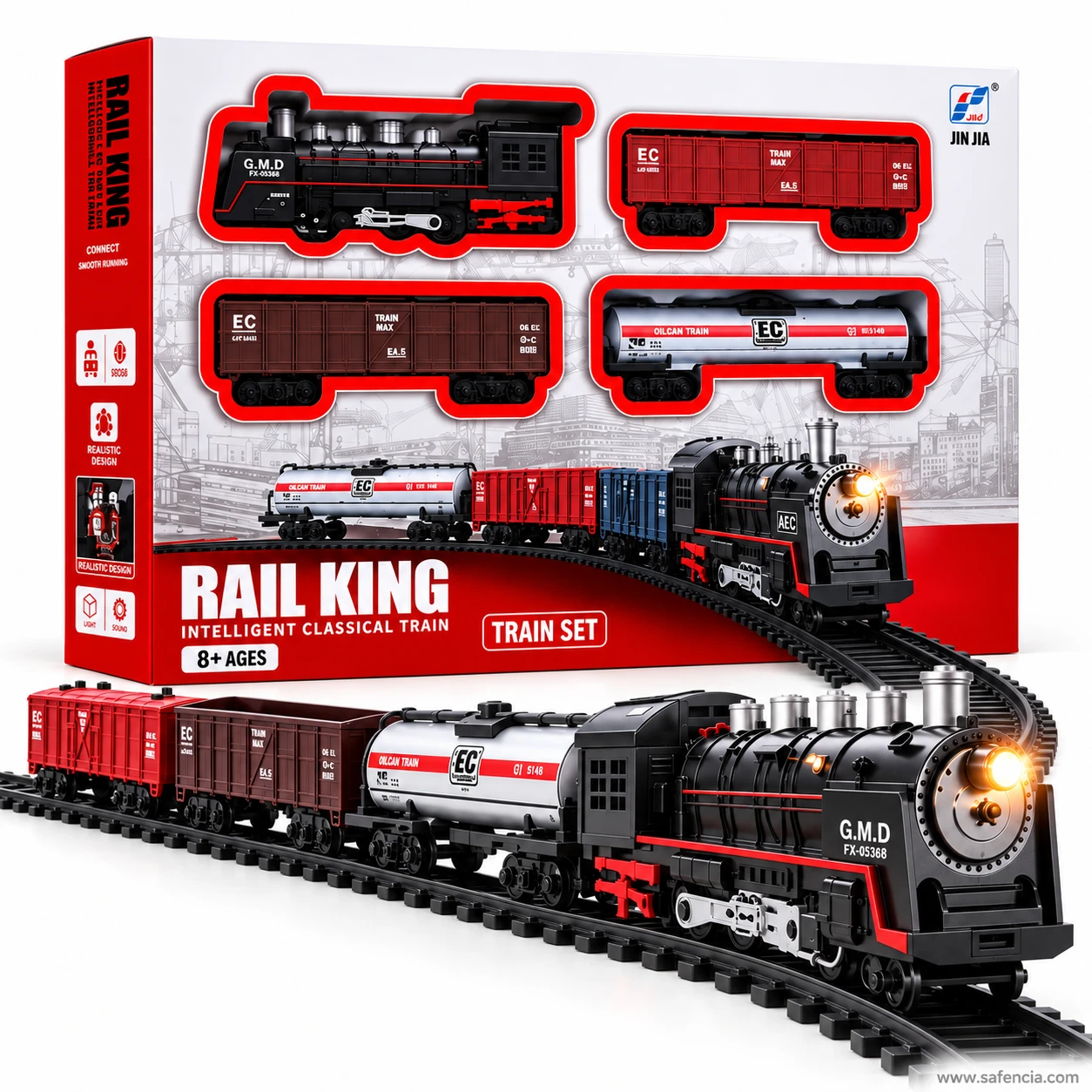 Front panel of the Rail King Intelligent Classical Train box showing the locomotive and wagons in their moulded tray