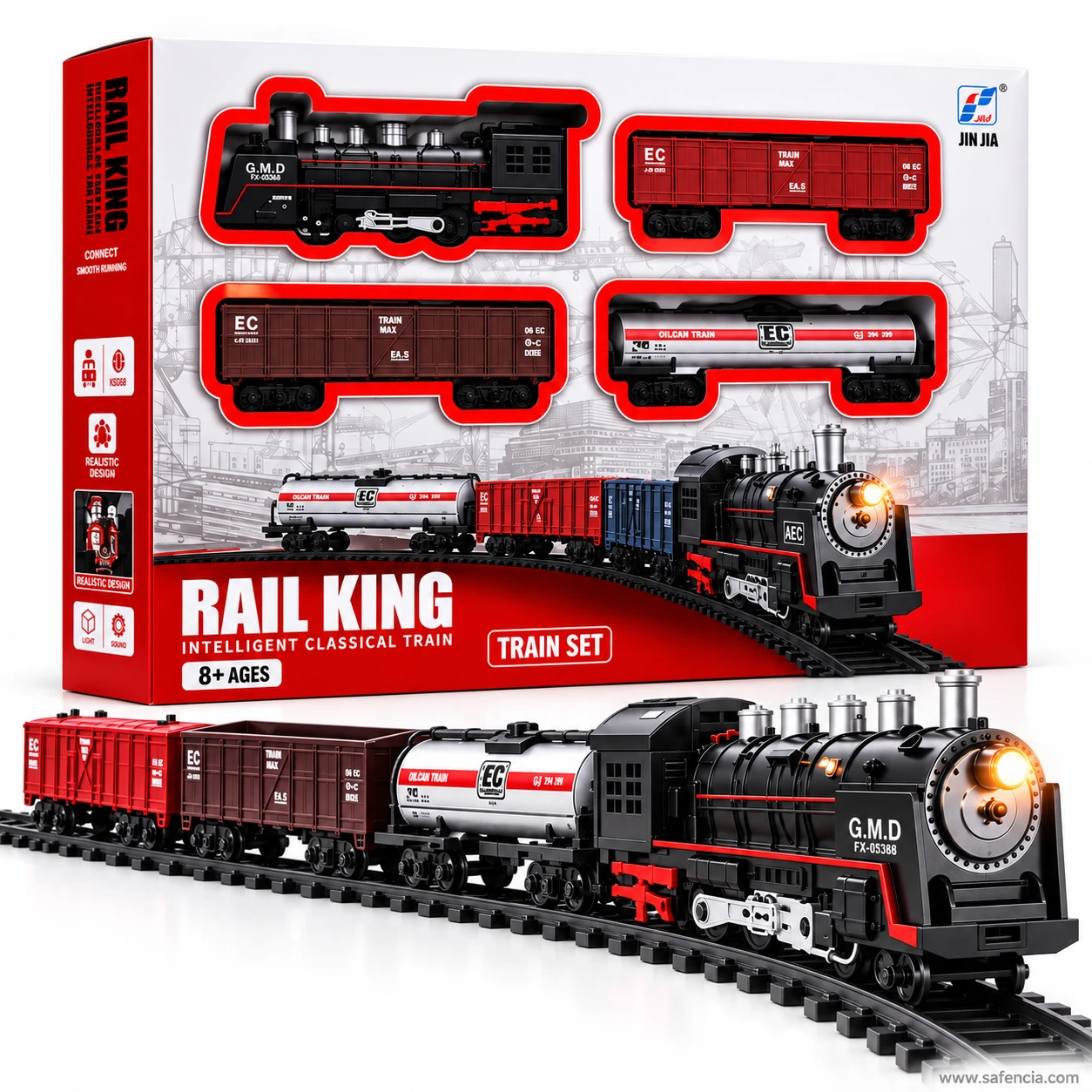 Side profile of the Rail King freight train on track with the retail box standing behind it