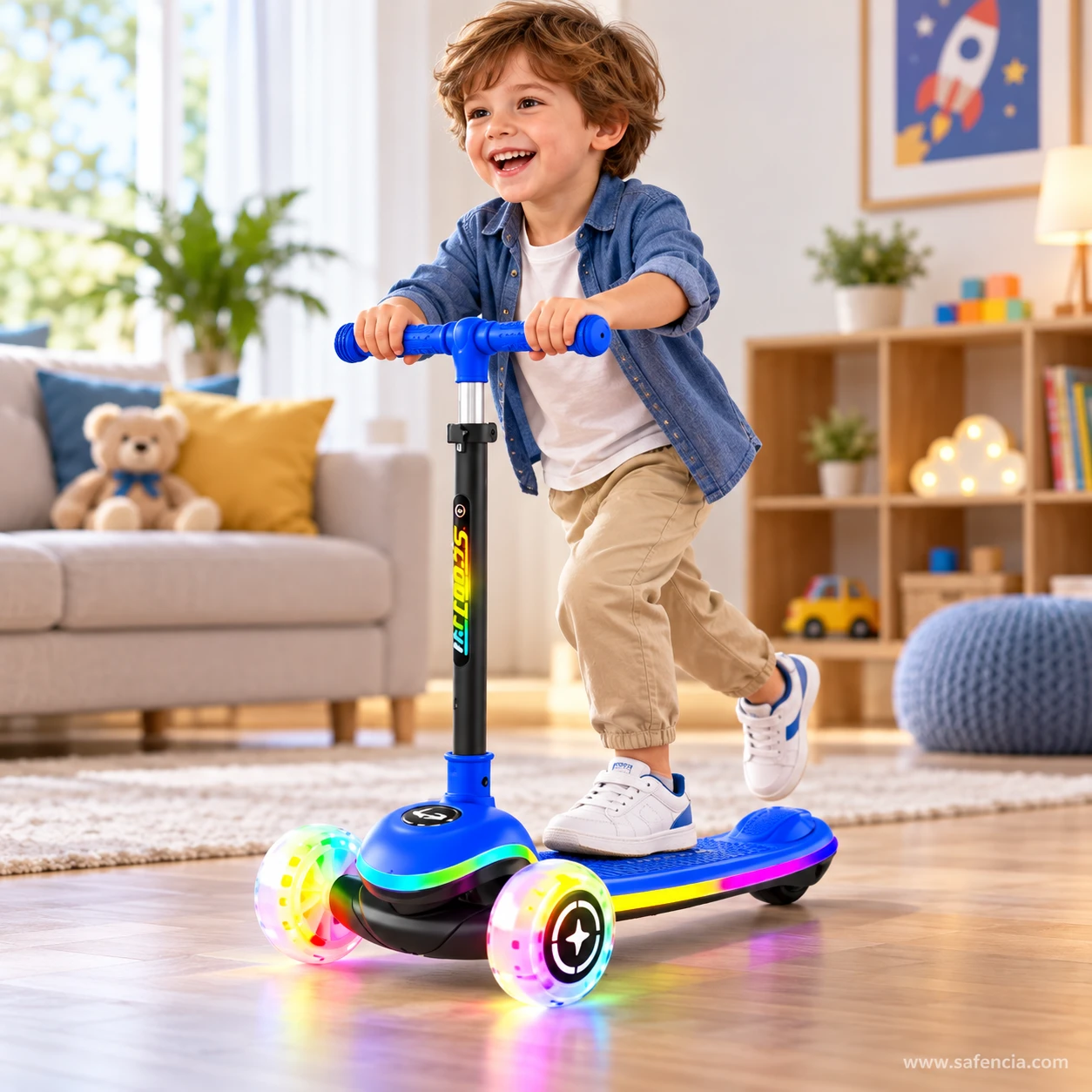 Happy boy riding the blue rainbow LED deck kids scooty across a playroom