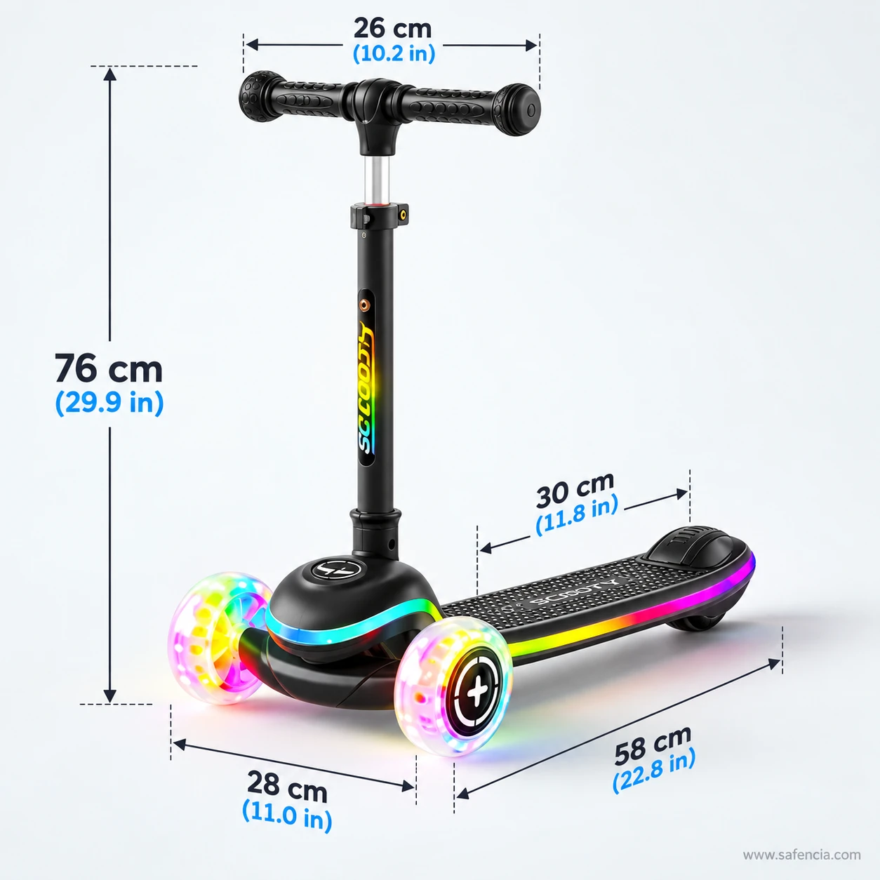 Black rainbow LED deck kids scooty size chart: 76 cm handle, 26 cm bar, 30 cm deck, 58 cm long