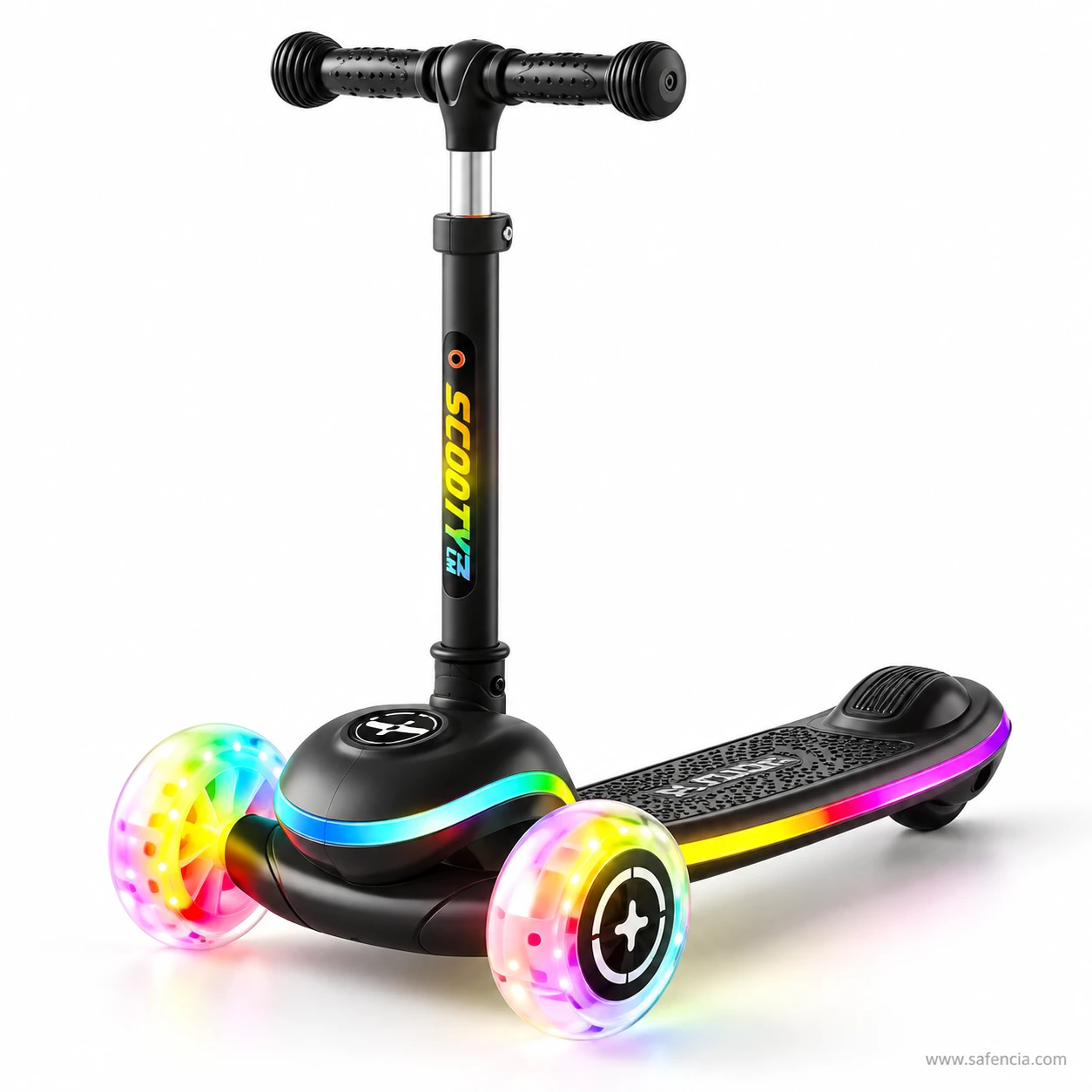 Black rainbow LED deck kids scooty with rainbow SCOOTER letters on the stem