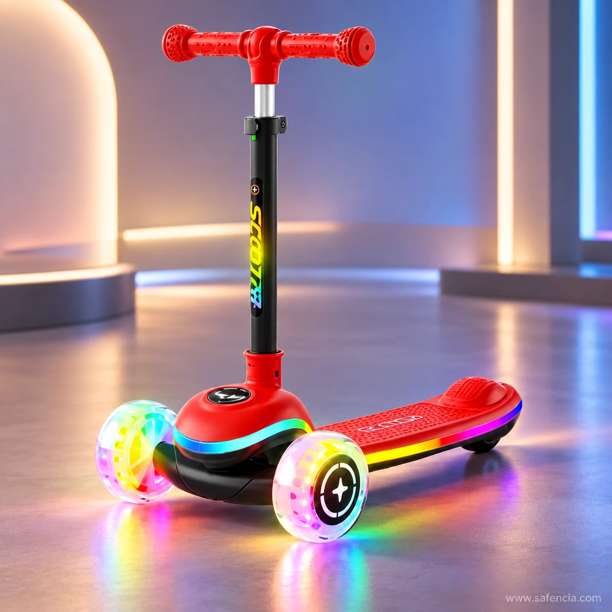 Red rainbow LED deck kids scooty glowing in a dark room with colourful light on the floor