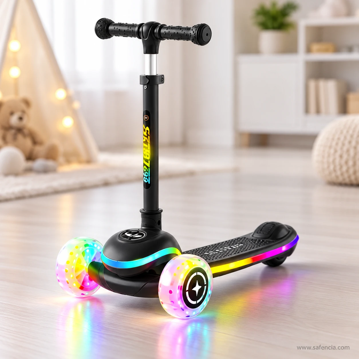 Black rainbow LED deck kids scooty standing in a cosy playroom beside a teepee
