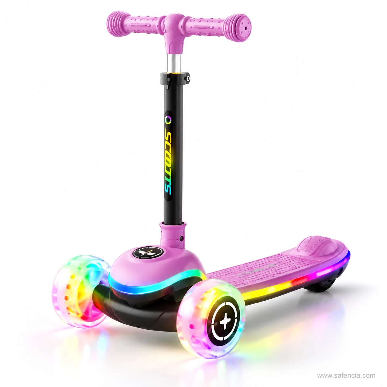 Pink and purple rainbow LED deck kids scooty with glowing clear wheels and the rainbow strip