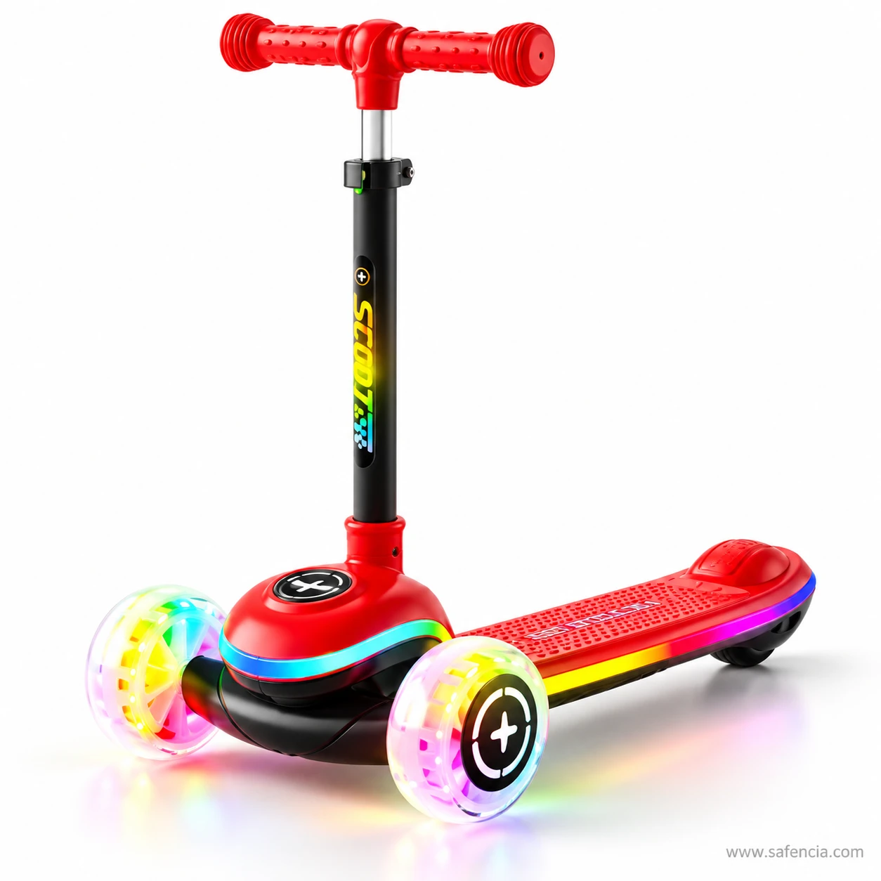 Red rainbow LED deck kids scooty with a black base and glowing wheels
