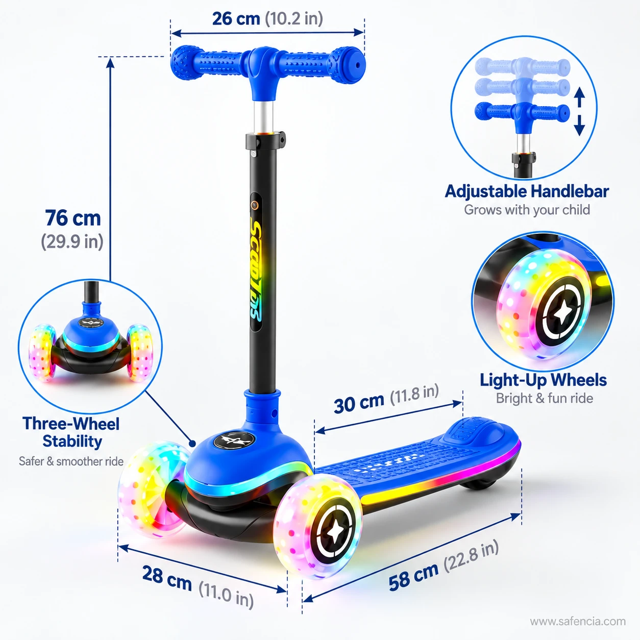 Rainbow LED deck kids scooty chart: 76 cm height, 26 cm handlebar, 30 cm deck, 28 cm width, 58 cm length