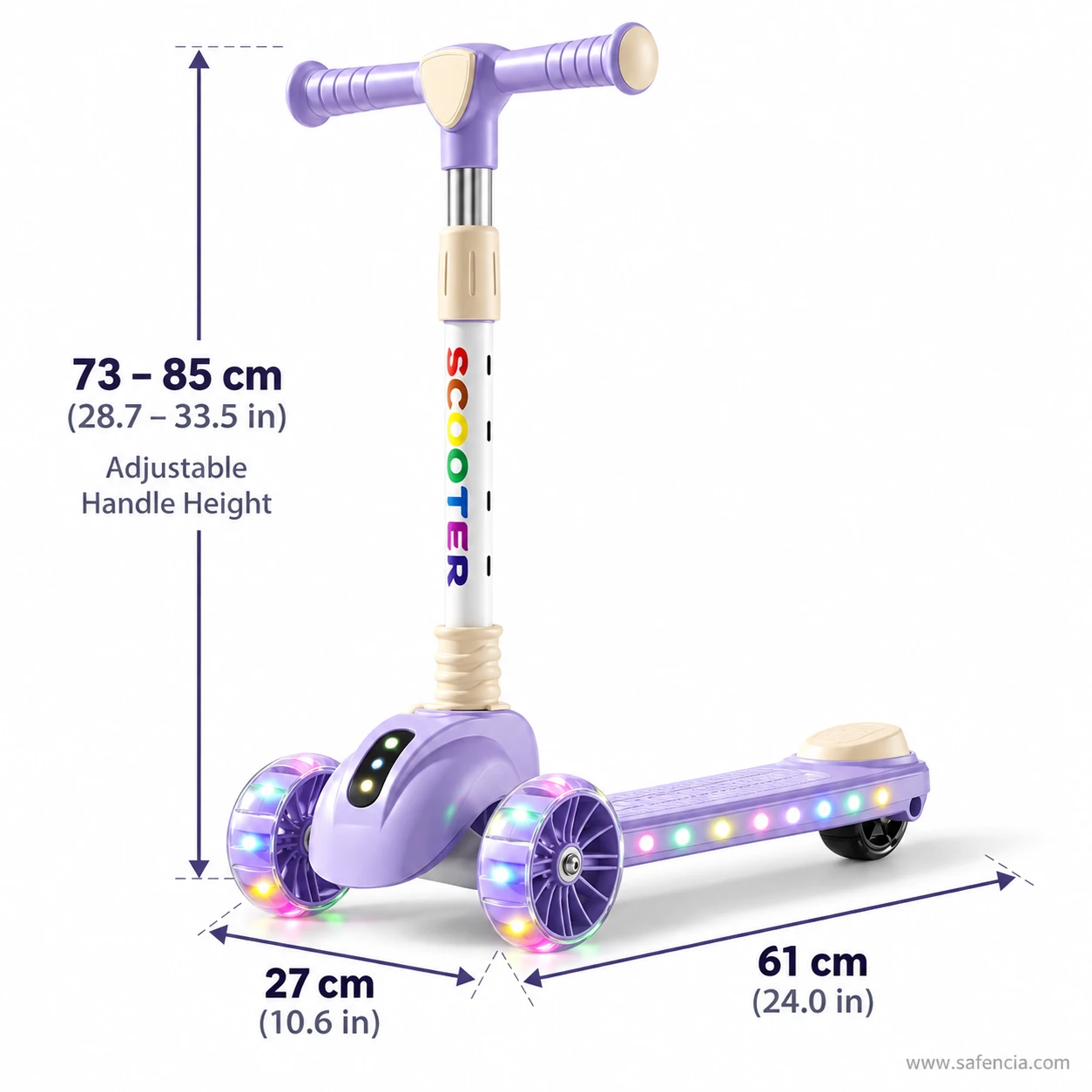 Rainbow letter kids scooty chart: handle adjusts 73 to 85 cm, 27 cm wide, 61 cm long