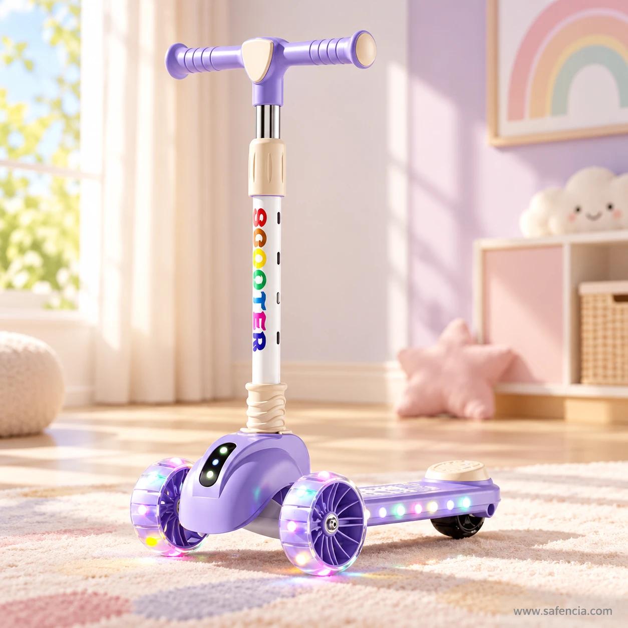 Lavender rainbow letter kids scooty standing in a pastel bedroom with a rainbow on the wall