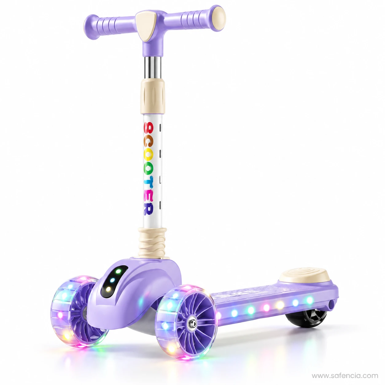 Front angle of the lavender rainbow letter kids scooty showing the two-eyed face and lit wheels