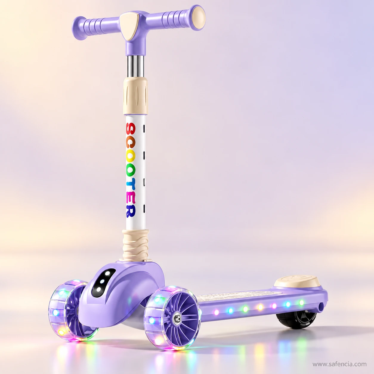 Lavender rainbow letter kids scooty in soft lilac light with its deck lights glowing