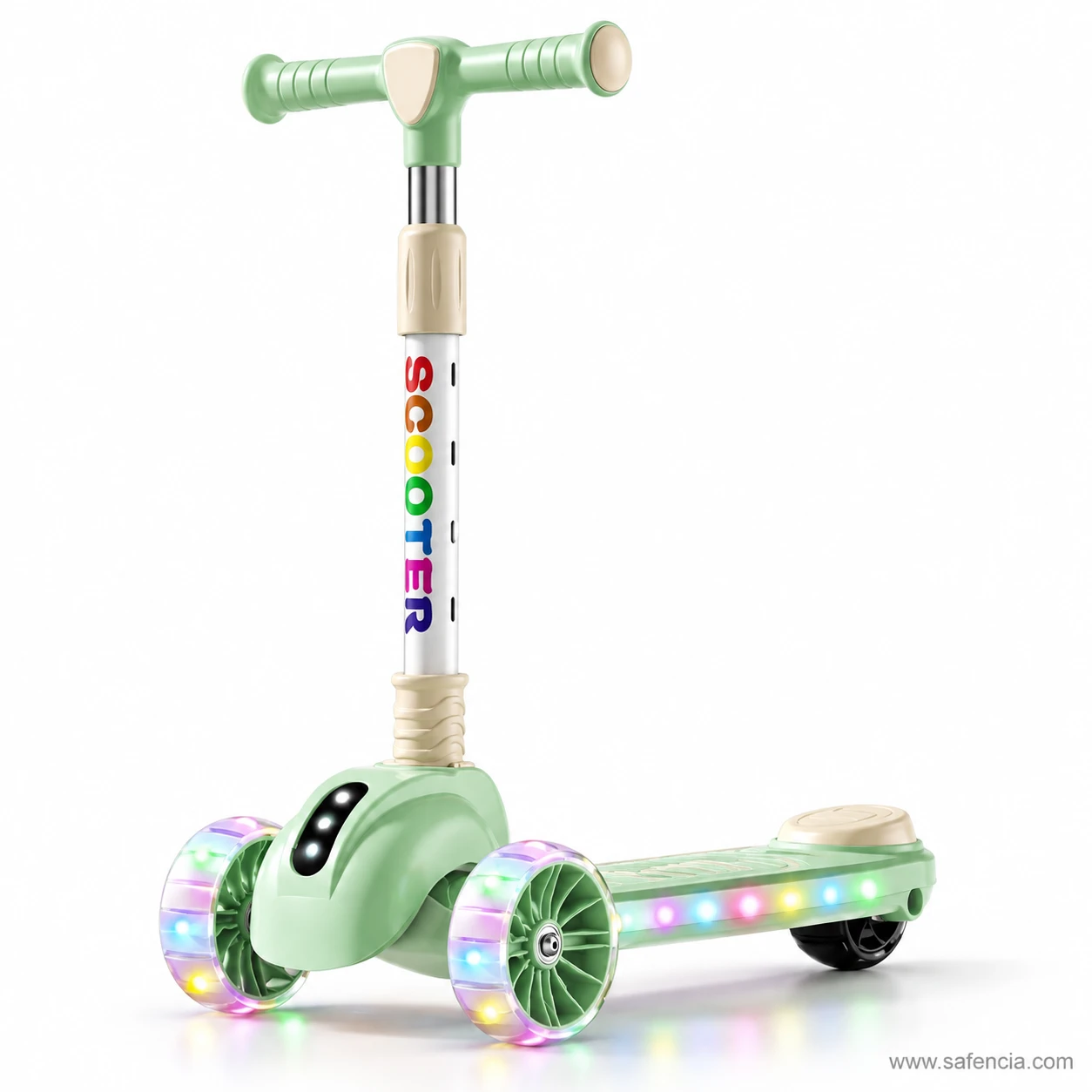 Mint green rainbow letter kids scooty with a two-eyed face on the front pod