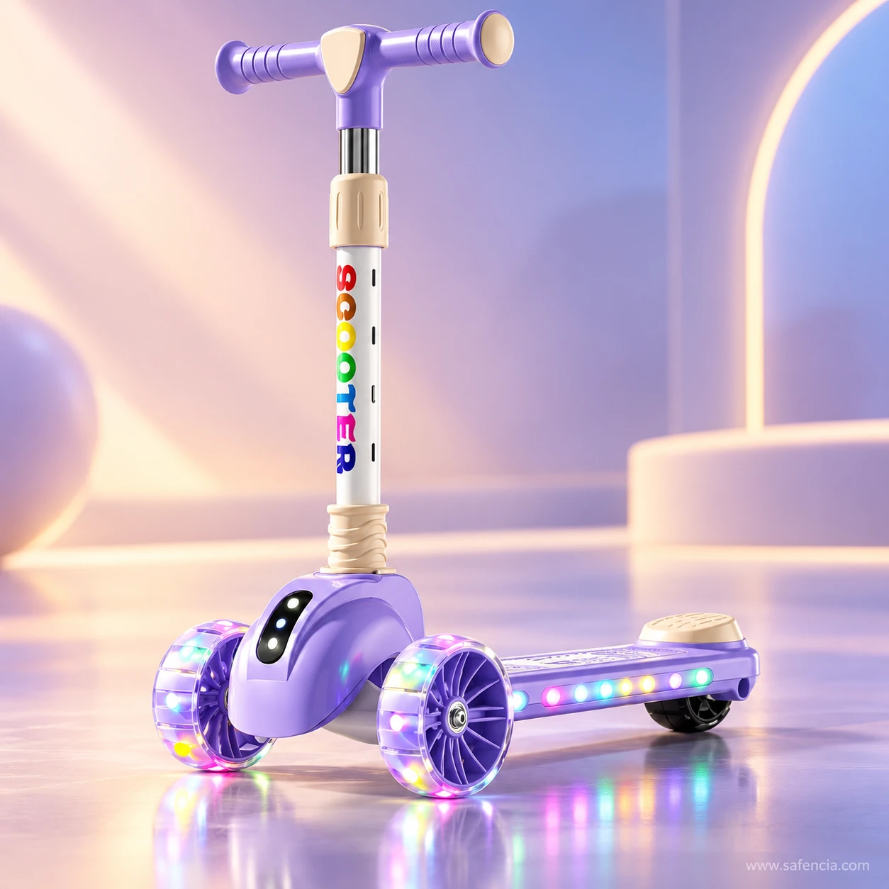Lavender rainbow letter kids scooty glowing on a soft lilac background with arches