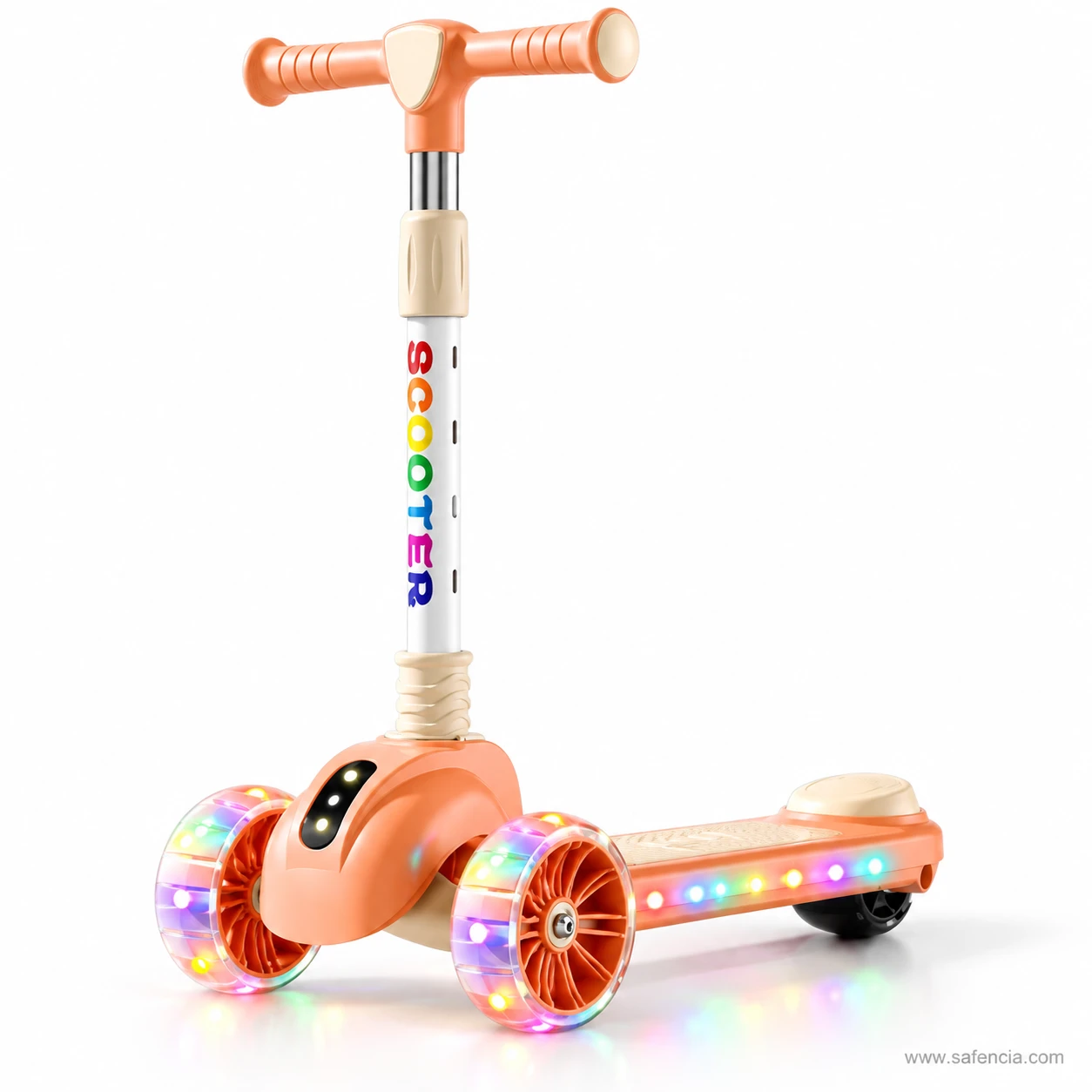 Peach orange rainbow letter kids scooty with glowing wheels and lights along the deck