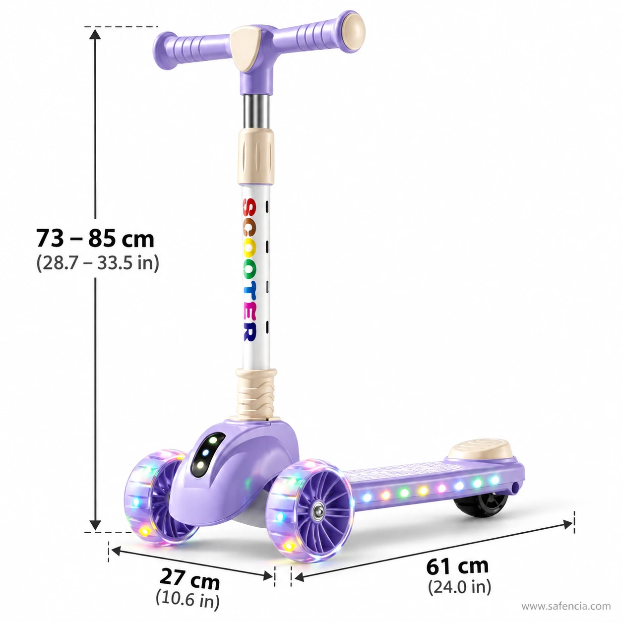 Size chart of the rainbow letter kids scooty: 73-85 cm handle, 27 cm width, 61 cm length