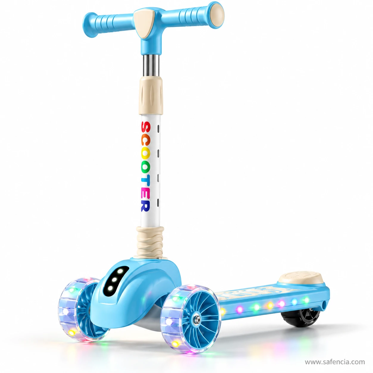 Sky blue rainbow letter kids scooty with a cream-trimmed stem and lit front wheels