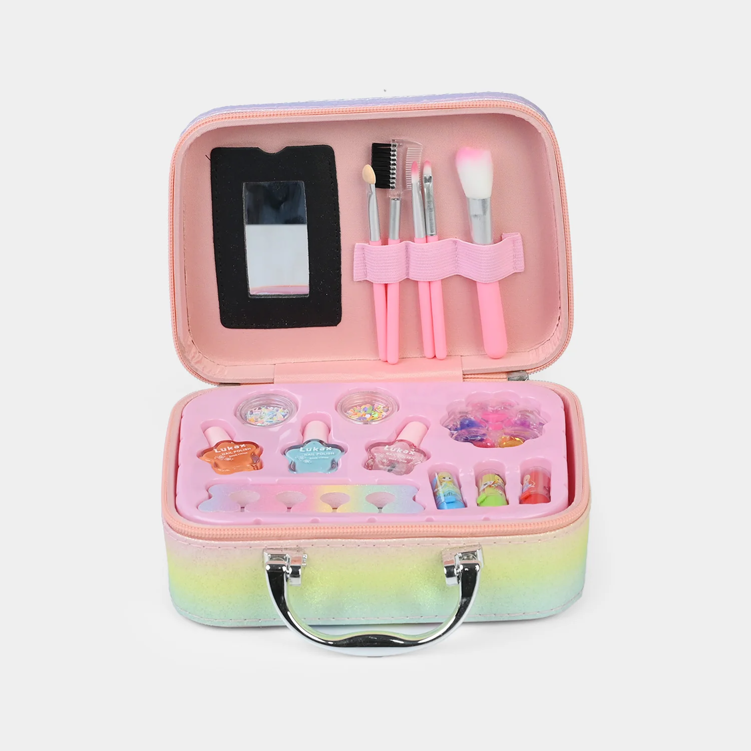 Rainbow Makeup & Nail Carry Case detail view - nail polishes and brushes