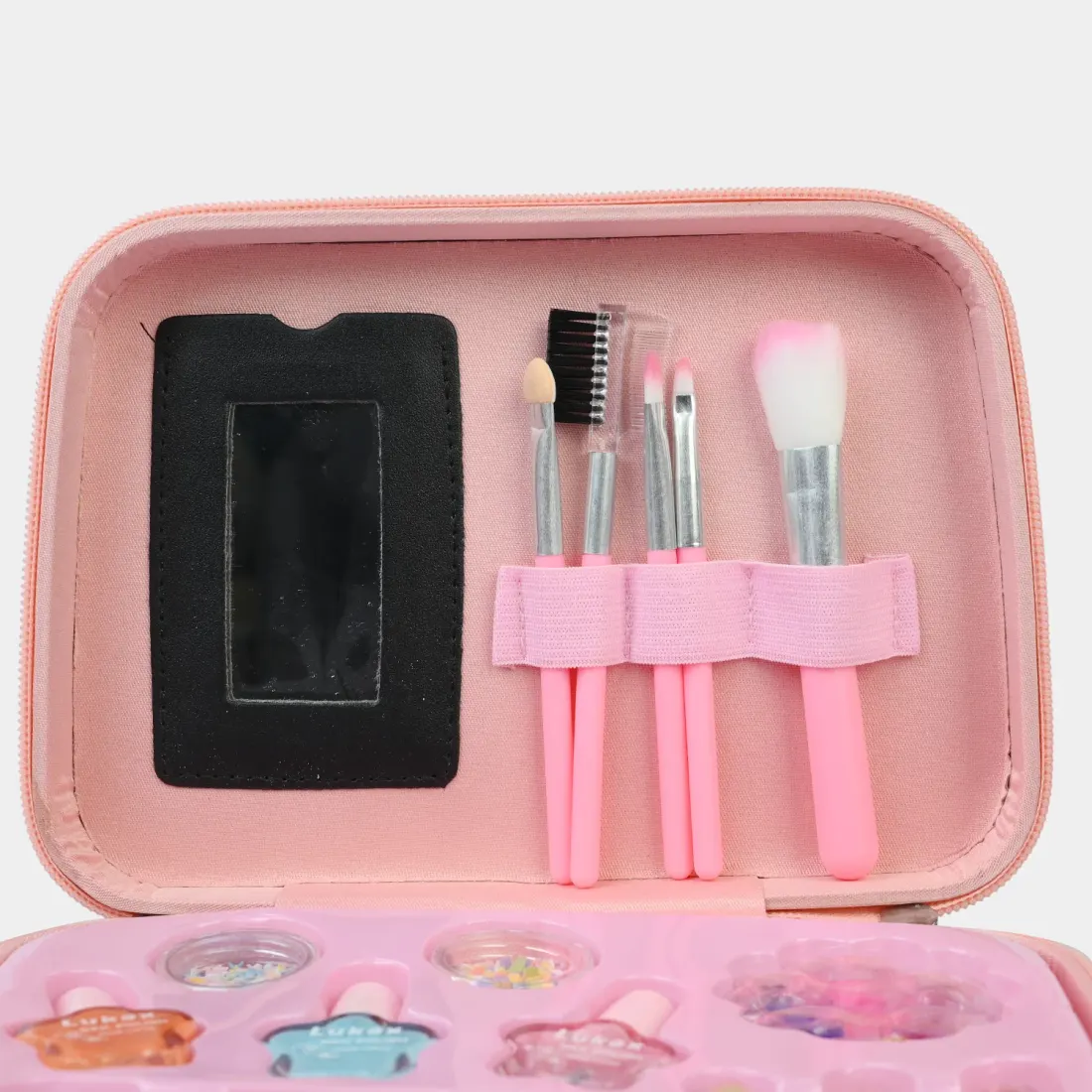 Rainbow Makeup & Nail Carry Case open view - brushes, nail polishes, glitter, press-on nails and lip balms