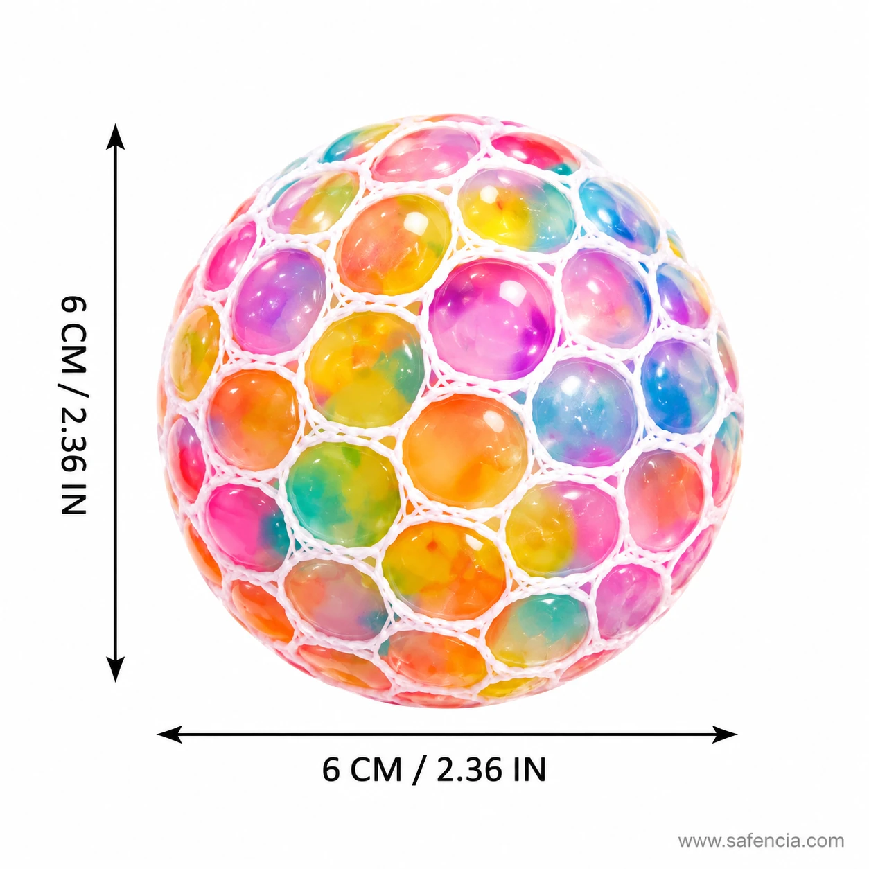 Rainbow mesh stress ball with measuring arrows marking 6 cm across and 6 cm high
