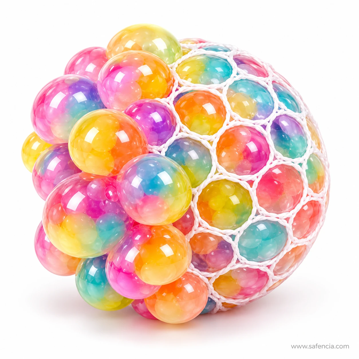 Rainbow mesh stress ball with shiny coloured bubbles bulging out through the white net under pressure