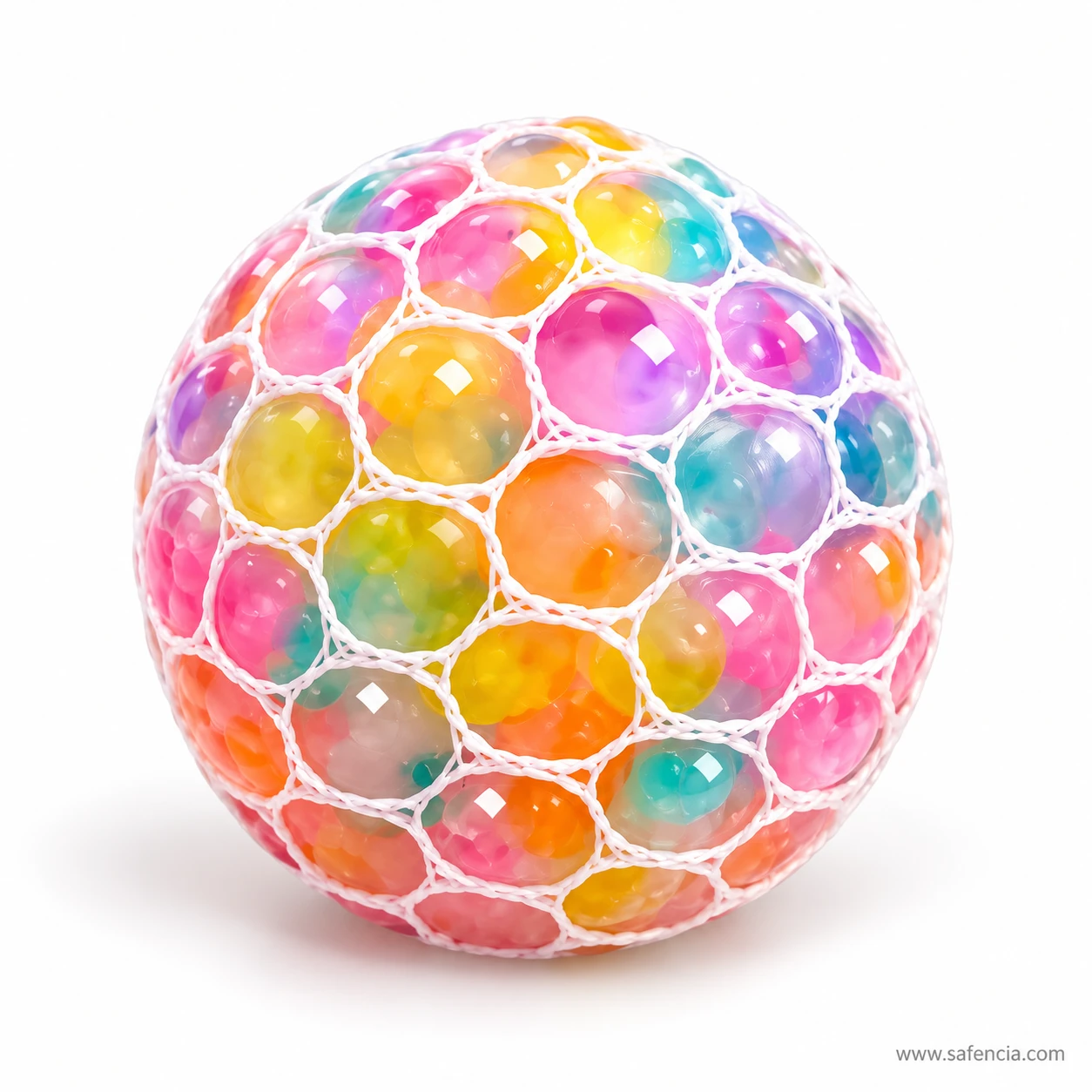 Close view of the rainbow mesh stress ball showing the honeycomb pattern of the white net