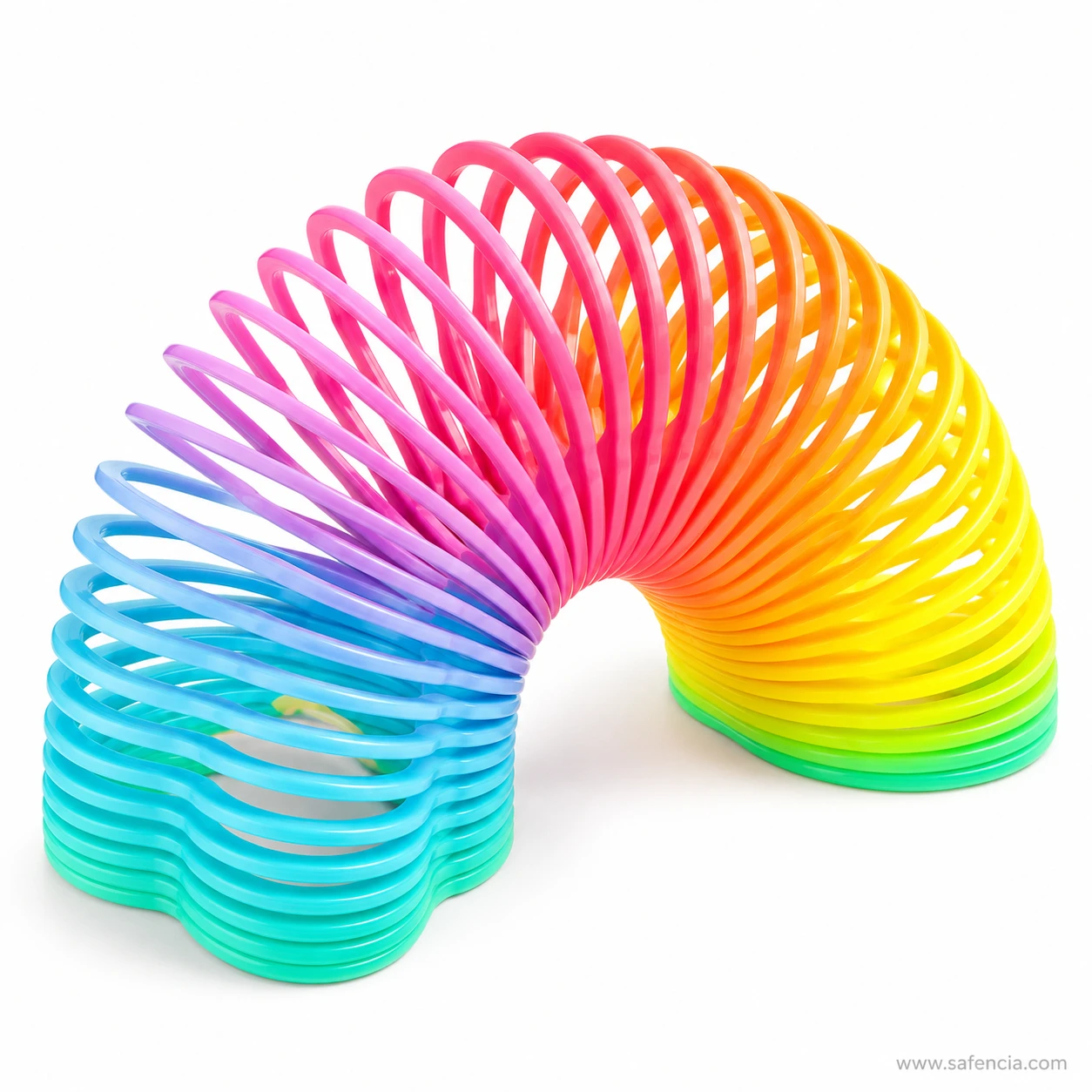 Rainbow slinky spring toy forming a tall arch from blue rings at one end to orange at the other