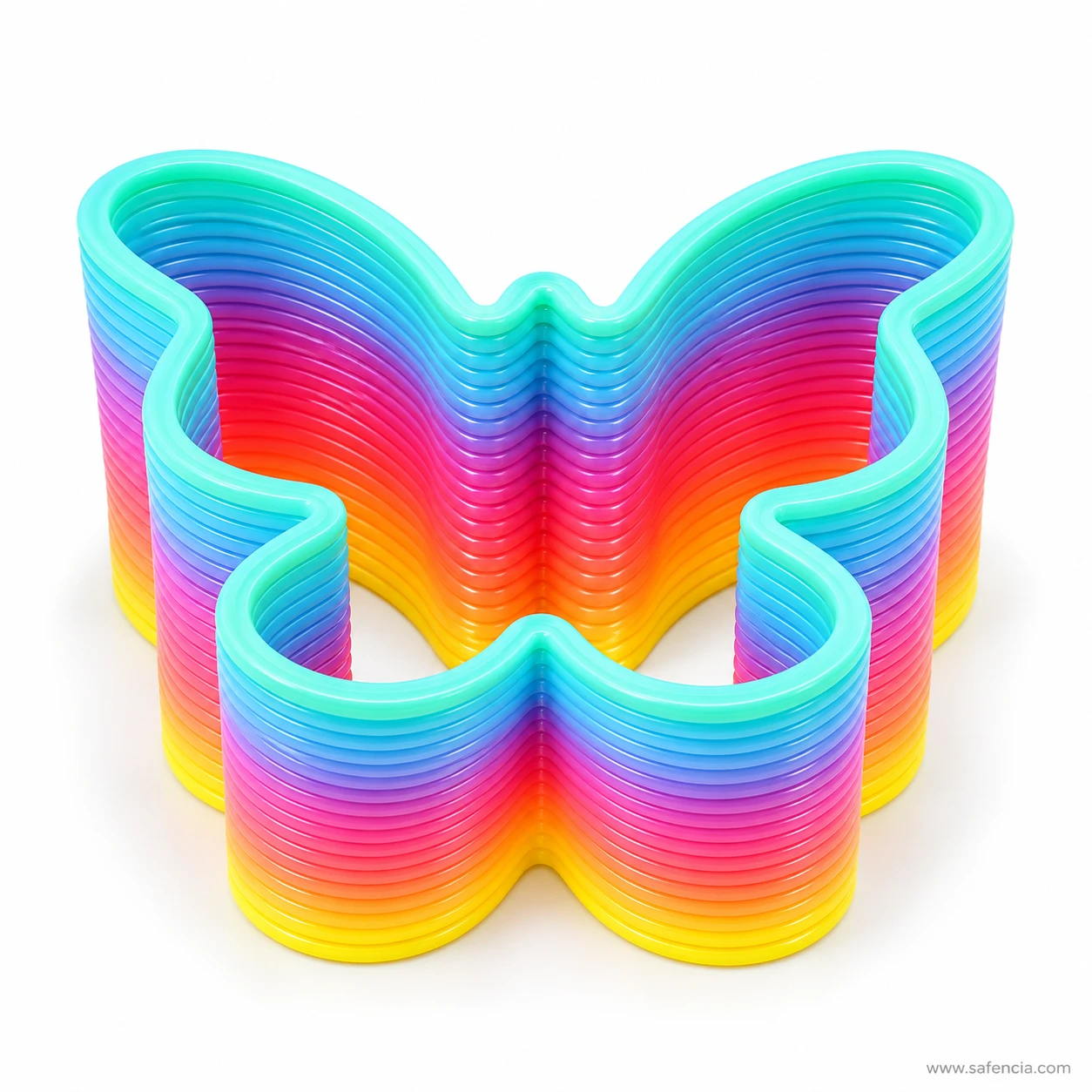 Butterfly-shaped rainbow slinky spring toy with rainbow rings and turquoise edges