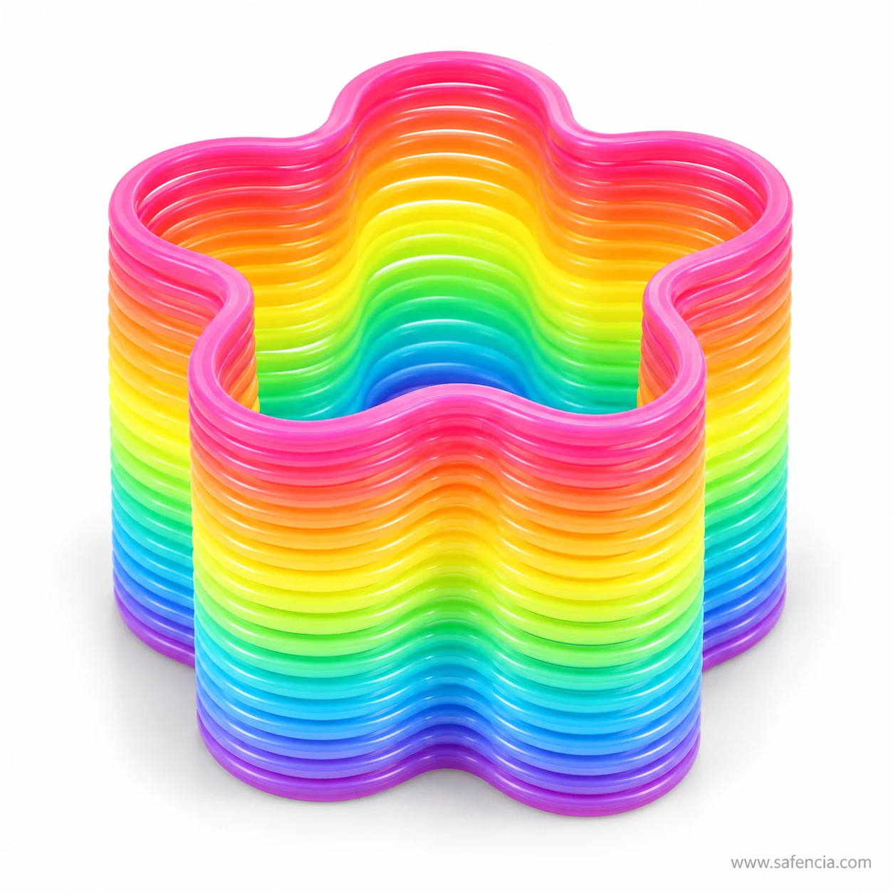 Flower-shaped rainbow slinky spring toy with rounded petals and rainbow rings