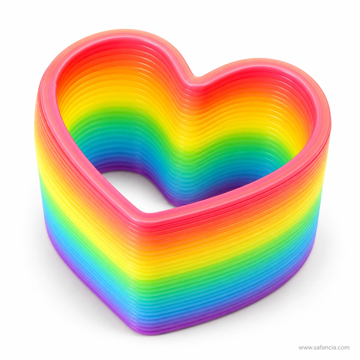 Heart-shaped rainbow slinky spring toy with stacked rainbow rings on a white background