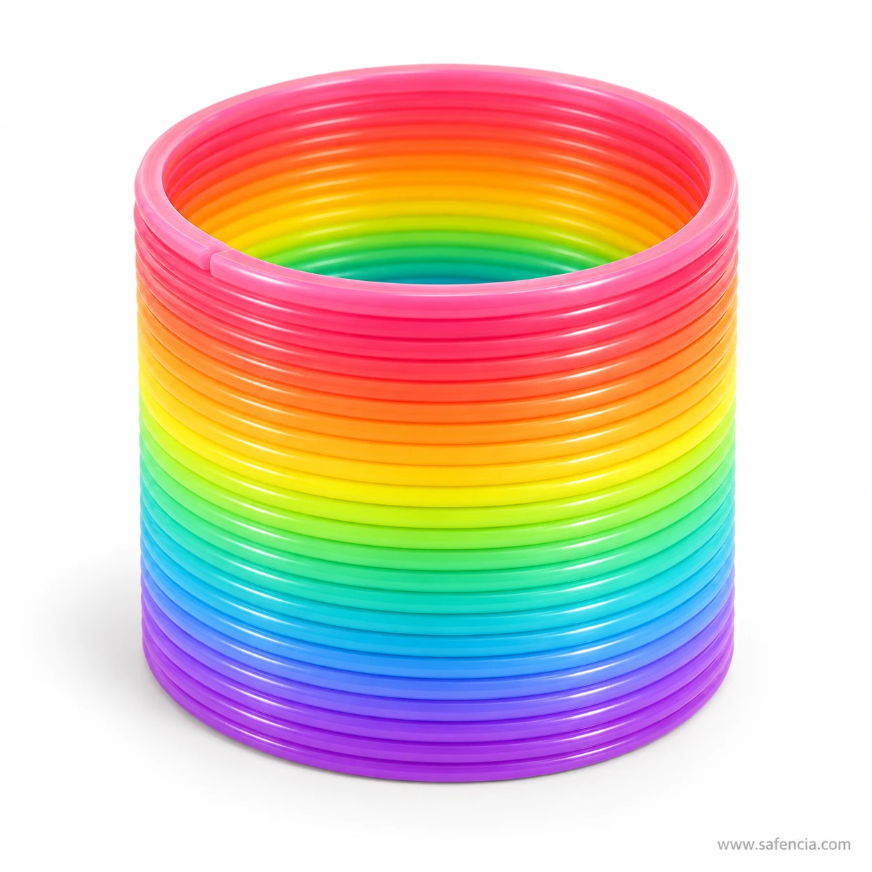 Round rainbow slinky spring toy stacked as a tube of pink, orange, yellow, green, blue and purple rings