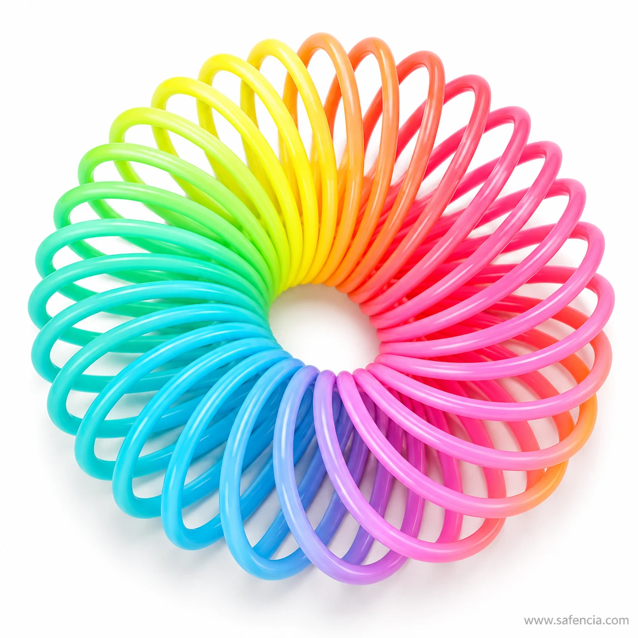 Rainbow slinky spring toy curled round into a full circle showing every colour of ring