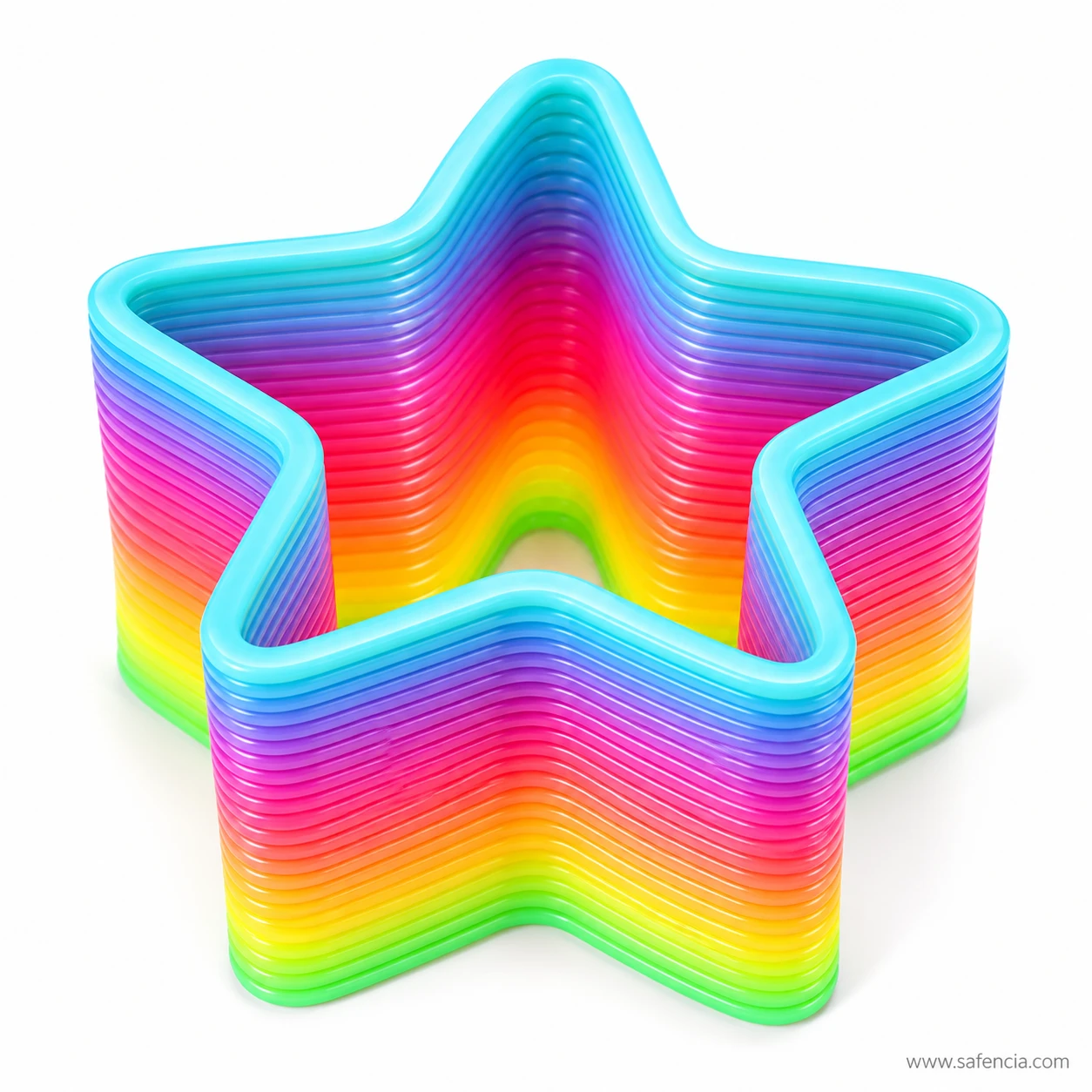 Star-shaped rainbow slinky spring toy with blue edges and rainbow rings inside