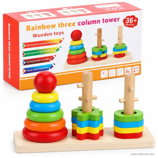Rainbow Three Column Tower, Boxed (Ring Stacker and Two Keyed Shape Posts, 36+ Months)